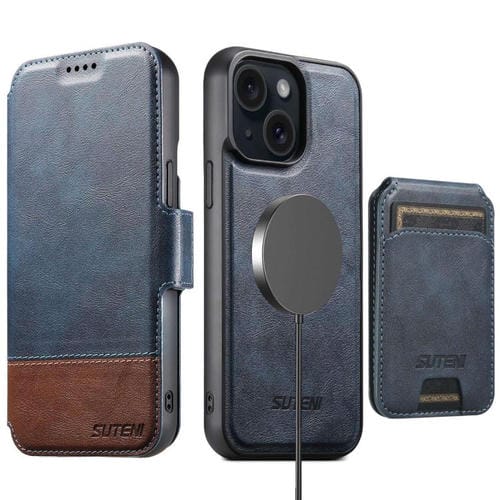 Funda de cuero Suteni Q06S2 3 en 1 con tapa vertical desmontable y cierre MagSafe para iPhone 13 (azul)