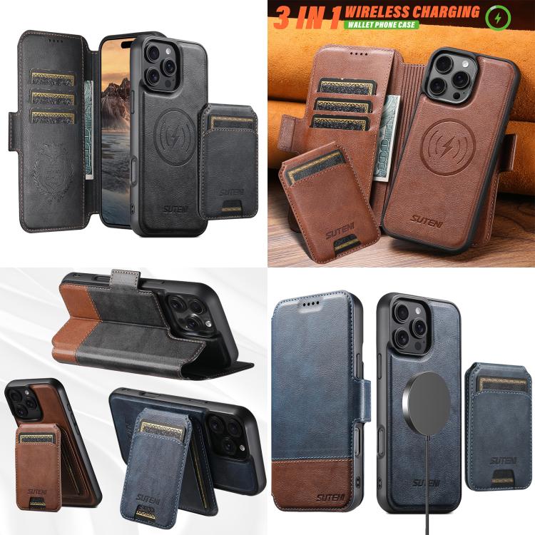 Funda de cuero Suteni Q06S2 3 en 1 con tapa vertical desmontable y cierre MagSafe para iPhone 15 (negra)
