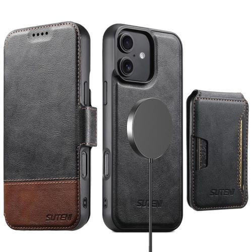 Funda de cuero Suteni Q06S3 3 en 1 con tapa vertical desmontable y cierre magnético para iPhone 16 Plus (negro)