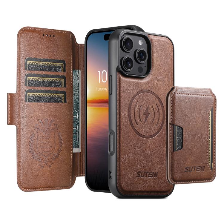 Funda de cuero Suteni Q06S3 3 en 1 con tapa vertical desmontable y cierre magnético para iPhone 15 Pro (marrón)