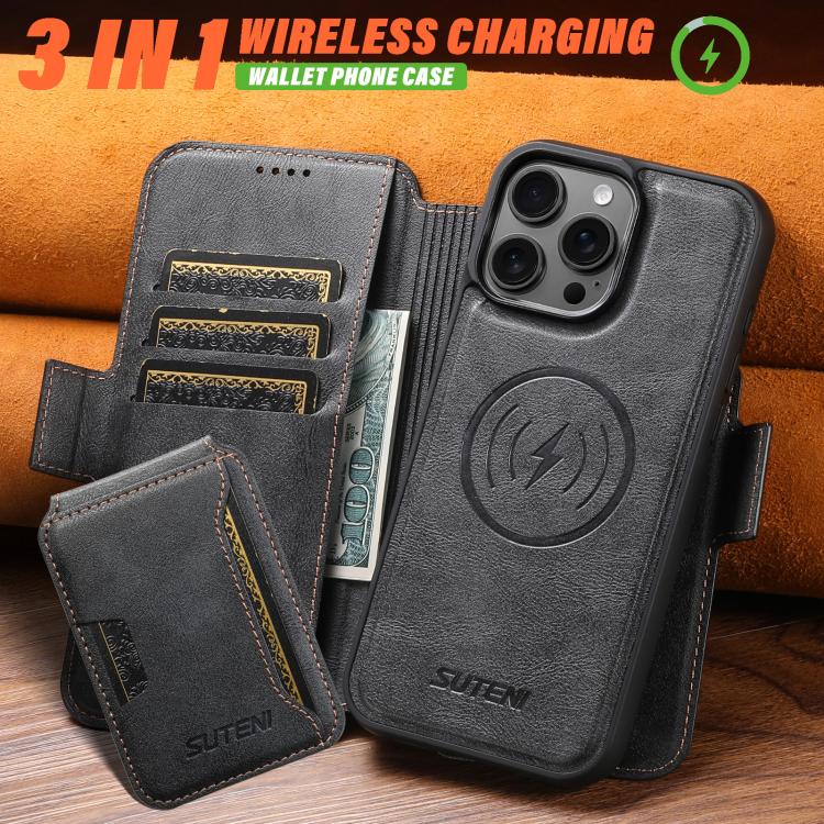 Funda de cuero Suteni Q06S3 3 en 1 con tapa vertical desmontable y cierre magnético para iPhone 14 (negro)