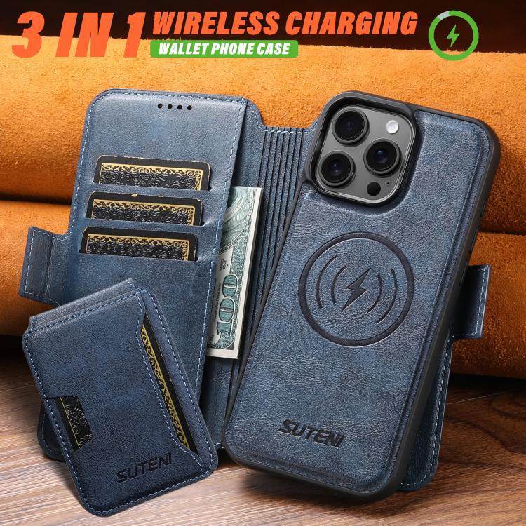 Funda de cuero Suteni Q06S3 3 en 1 con tapa vertical desmontable y cierre magnético para iPhone 14 (azul)