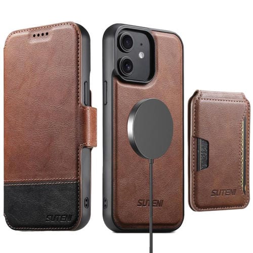 Funda de cuero Suteni Q06S3 3 en 1 con tapa vertical desmontable y cierre magnético para iPhone 12 (marrón)