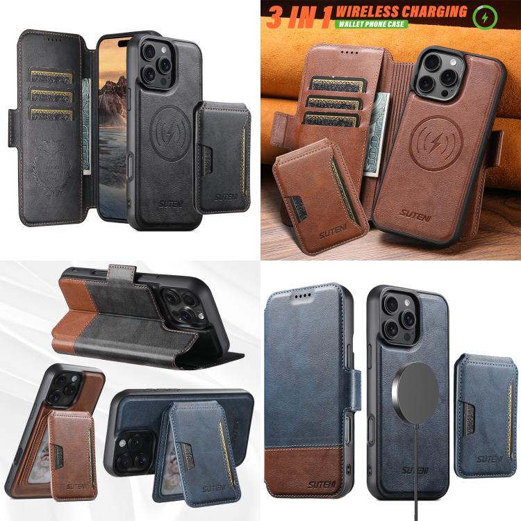 Funda de cuero Suteni Q06S3 3 en 1 con tapa vertical desmontable y cierre magnético para iPhone 15 Pro Max (marrón)