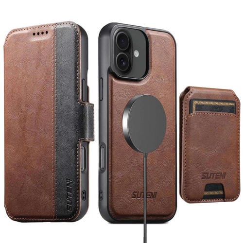Funda de cuero Suteni Q07S2 3 en 1 con tapa vertical desmontable y cierre MagSafe para iPhone 16 Plus (marrón)