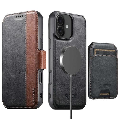 Funda de cuero Suteni Q07S2 3 en 1 con tapa vertical desmontable y cierre MagSafe para iPhone 16 (negra)
