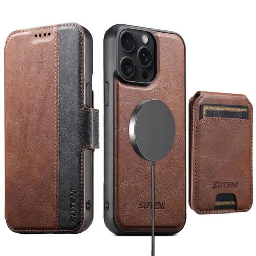 Funda de cuero Suteni Q07S2 3 en 1 con tapa vertical desmontable y cierre MagSafe para iPhone 15 Pro Max (marrón)