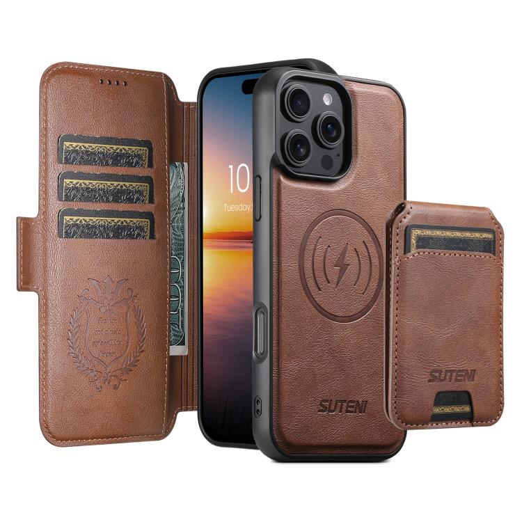 Funda de cuero Suteni Q07S2 3 en 1 con tapa vertical desmontable y cierre MagSafe para iPhone 15 Pro Max (marrón)