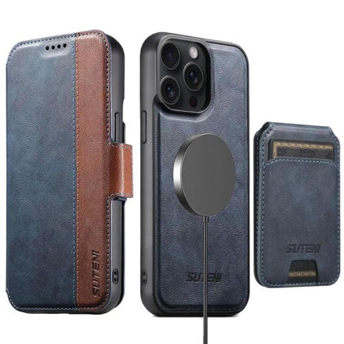 Funda de cuero Suteni Q07S2 3 en 1 con tapa vertical desmontable y cierre MagSafe para iPhone 15 Pro (azul)