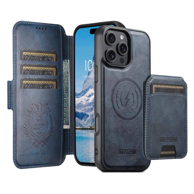 Funda de cuero Suteni Q07S2 3 en 1 con tapa vertical desmontable y cierre MagSafe para iPhone 15 Pro (azul)