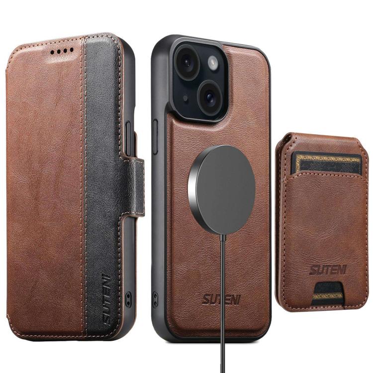 Funda de cuero Suteni Q07S2 3 en 1 con tapa vertical desmontable y cierre MagSafe para iPhone 15 (marrón)