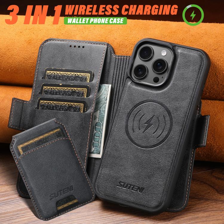 Funda de cuero Suteni Q07S2 3 en 1 con tapa vertical desmontable y cierre MagSafe para iPhone 12 Pro Max (negro)