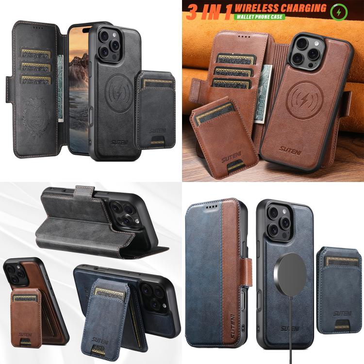 Funda de cuero Suteni Q07S2 3 en 1 con tapa vertical desmontable y cierre MagSafe para iPhone 15 Pro (negra)