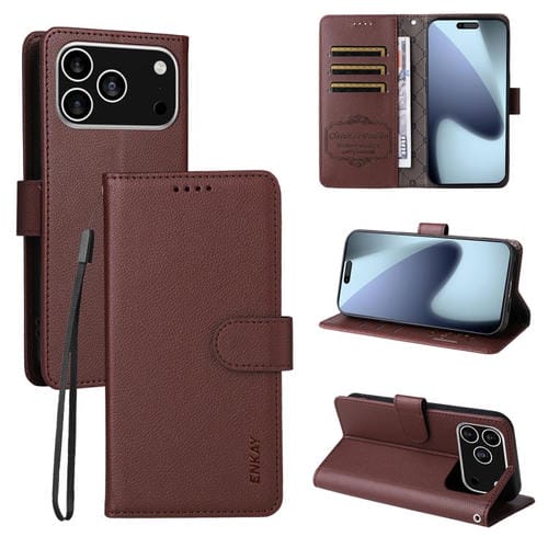 ENKAY - Funda de piel con textura de lichi y función atril para iPhone 17 Pro (marrón)