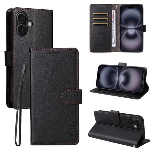 ENKAY - Funda de piel con textura de lichi y bloqueo RFID para iPhone 17 (negro)