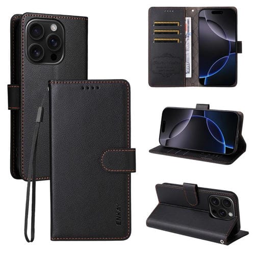 ENKAY - Funda de piel con textura de lichi y función atril para iPhone 16 Pro Max (negro)