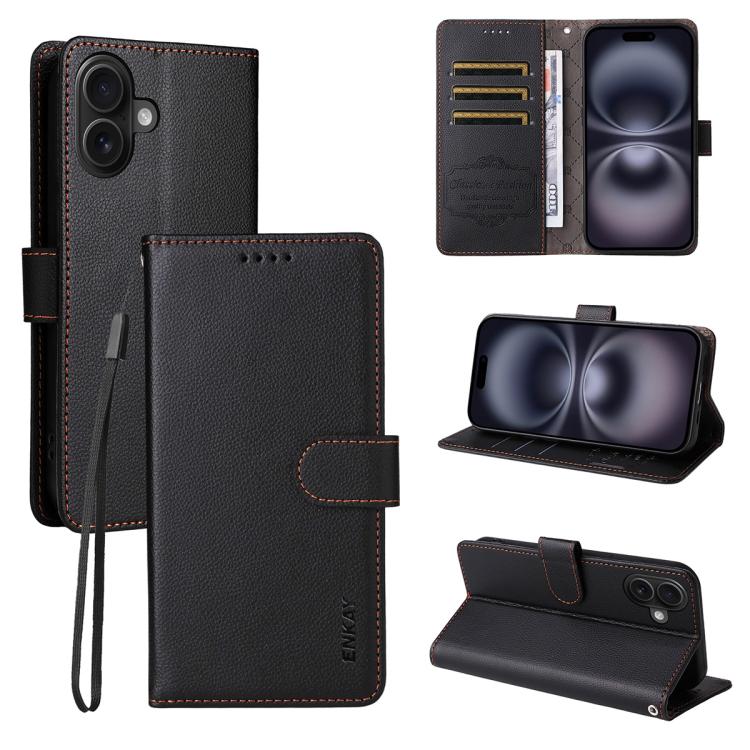 ENKAY - Funda de piel con textura de lichi y bloqueo RFID para iPhone 16 Plus (negro)