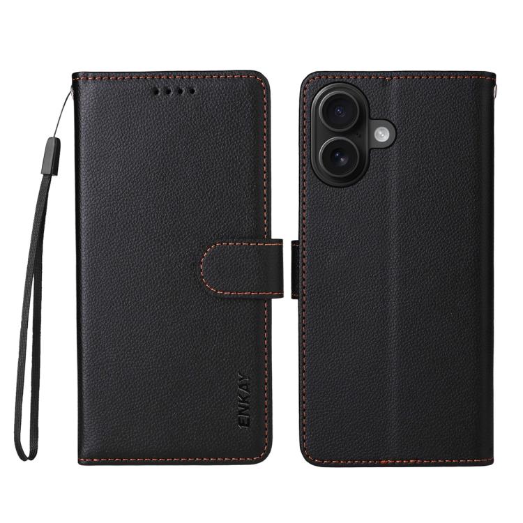 ENKAY - Funda de piel con textura de lichi y bloqueo RFID para iPhone 16 Plus (negro)