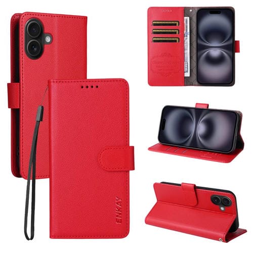 ENKAY - Funda de piel con textura de lichi y bloqueo RFID para iPhone 16 (roja)