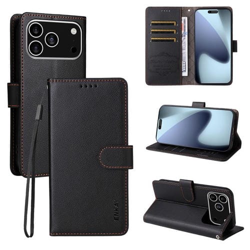 ENKAY - Funda de piel con textura de lichi y bloqueo RFID para iPhone 16e (negro)