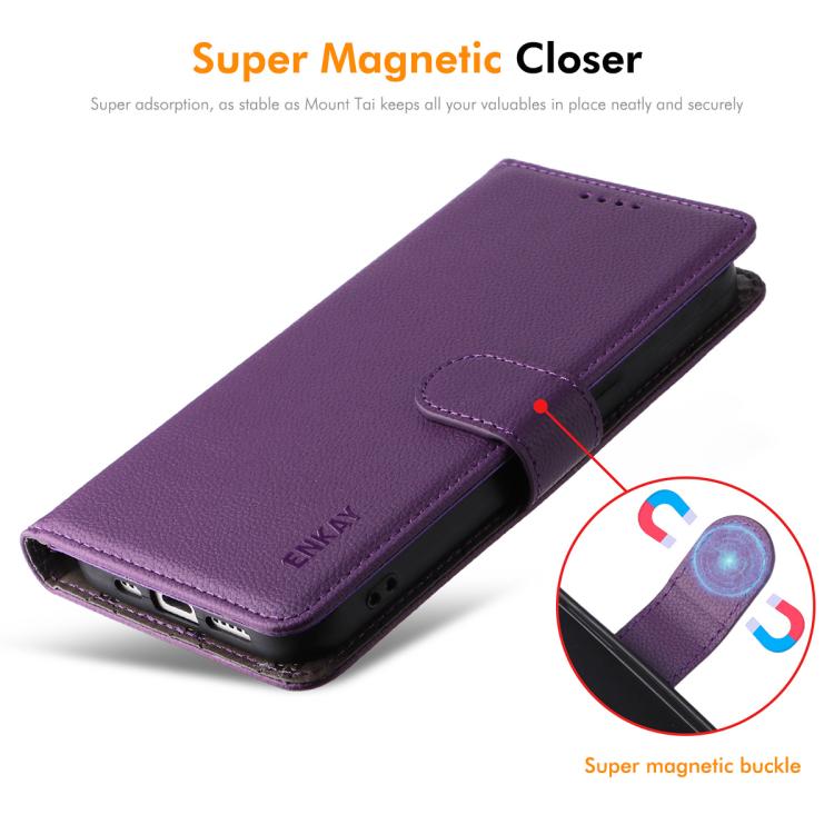 ENKAY - Funda de piel con textura de lichi y bloqueo RFID para iPhone 16e (marrón)
