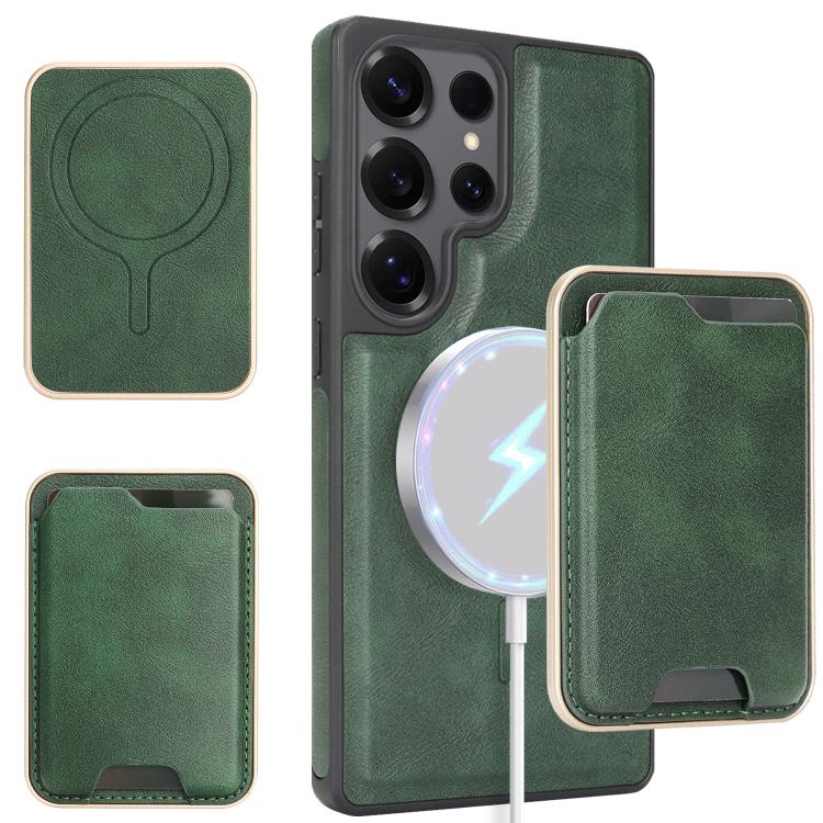 Funda de cuero con etiqueta lateral para Samsung Galaxy S25 Ultra 5G, Kalebol Slim MagSafe Ring, con tarjeta magnética y anillo (verde)