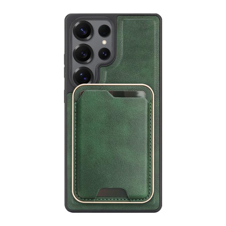 Funda de cuero con etiqueta lateral para Samsung Galaxy S25 Ultra 5G, Kalebol Slim MagSafe Ring, con tarjeta magnética y anillo (verde)