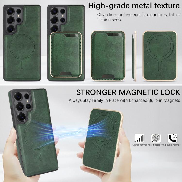 Funda de cuero con etiqueta lateral para Samsung Galaxy S25 Ultra 5G, Kalebol Slim MagSafe Ring, con tarjeta magnética y anillo (verde)