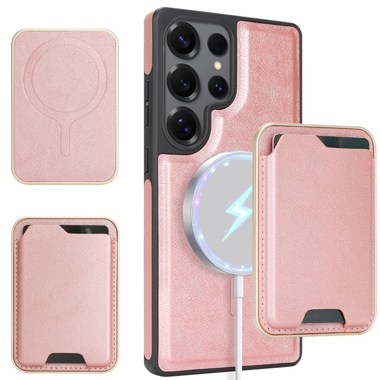 Funda de cuero con anillo magnético Kalebol Slim MagSafe para Samsung Galaxy S25 Ultra 5G, con adhesivo lateral y ranuras para tarjetas (oro rosa)