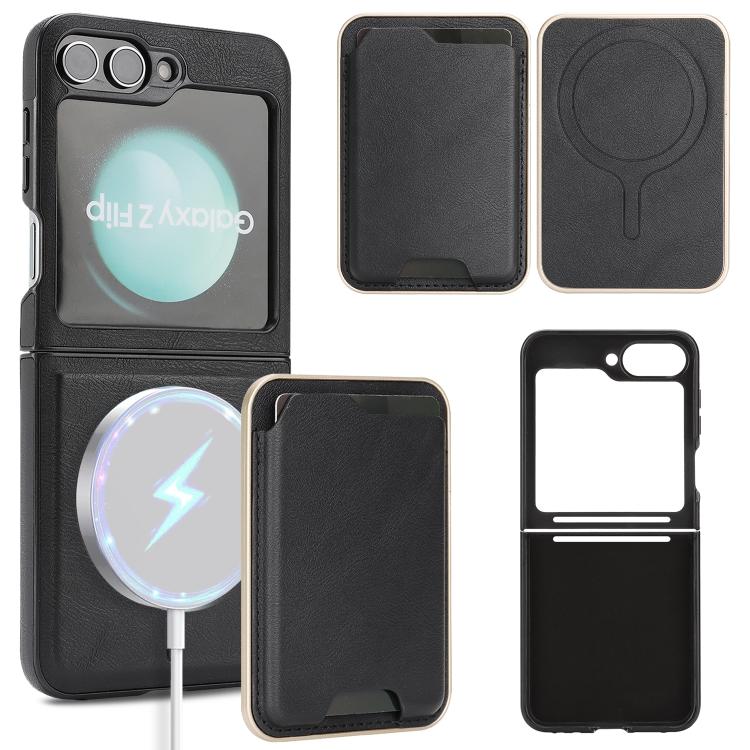 Funda de cuero con adhesivo lateral para Samsung Galaxy Z Flip6, con anillo magnético Kalebol Slim MagSafe y tarjeta, color negro