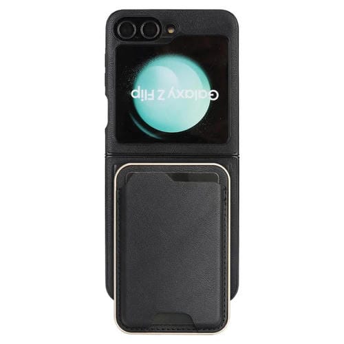 Funda de cuero con adhesivo lateral para Samsung Galaxy Z Flip6, con anillo magnético Kalebol Slim MagSafe y tarjeta, color negro