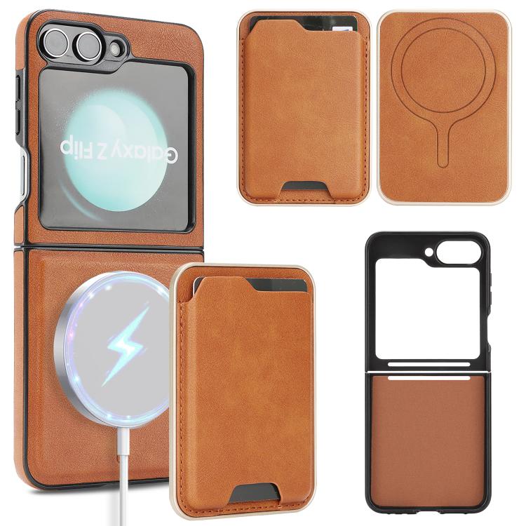 Funda de cuero Kalebol Slim MagSafe para Samsung Galaxy Z Flip6, con anillo magnético, etiqueta lateral y tarjetero (marrón)