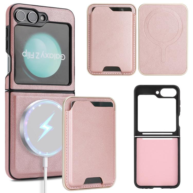 Funda de cuero Kalebol Slim MagSafe para Samsung Galaxy Z Flip6, con anillo magnético, etiqueta lateral y tarjetero (oro rosa)
