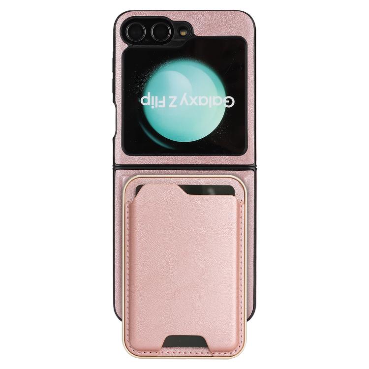 Funda de cuero Kalebol Slim MagSafe para Samsung Galaxy Z Flip6, con anillo magnético, etiqueta lateral y tarjetero (oro rosa)