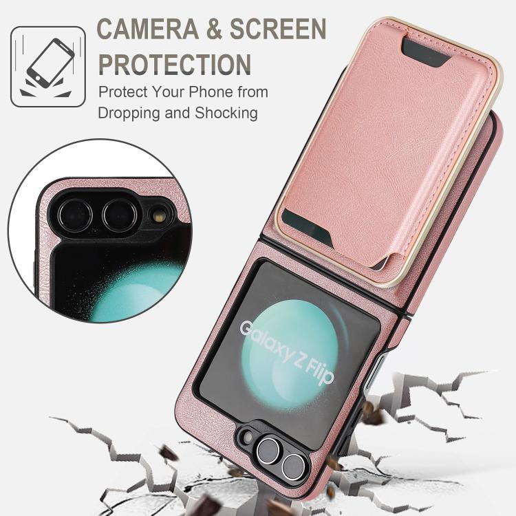 Funda de cuero Kalebol Slim MagSafe para Samsung Galaxy Z Flip6, con anillo magnético, etiqueta lateral y tarjetero (oro rosa)