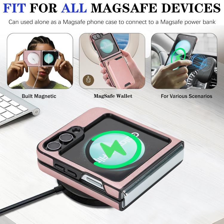Funda de cuero Kalebol Slim MagSafe para Samsung Galaxy Z Flip6, con anillo magnético, etiqueta lateral y tarjetero (oro rosa)