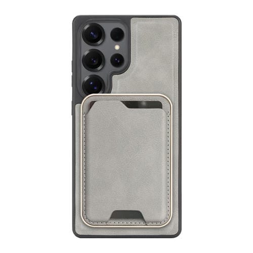 Funda de cuero con etiqueta lateral para Samsung Galaxy S24 Ultra 5G, con anillo magnético Kalebol Slim MagSafe y ranuras para tarjetas (gris)
