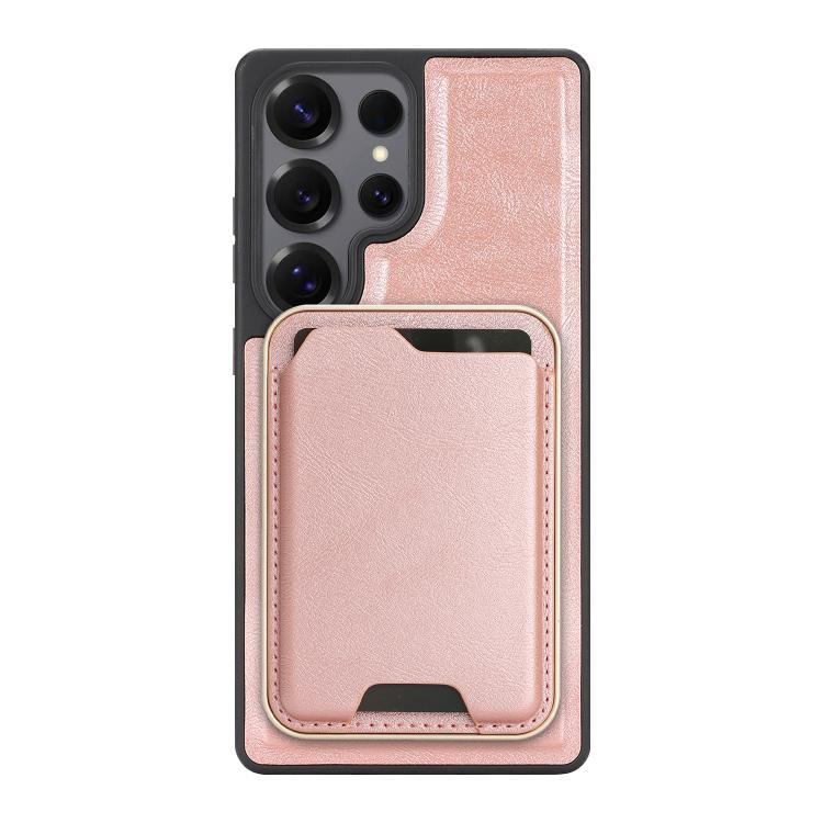 Funda de cuero con anillo magnético Kalebol Slim MagSafe para Samsung Galaxy S24 Ultra 5G, con adhesivo lateral y ranuras para tarjetas (oro rosa)