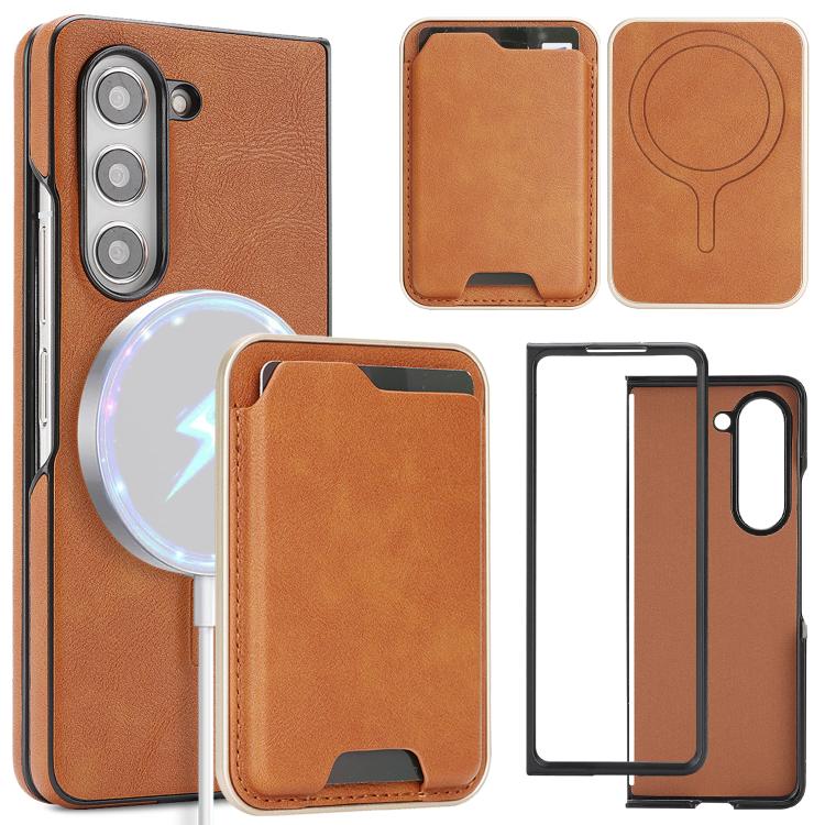 Funda de cuero con etiqueta lateral para Samsung Galaxy Z Fold5, Kalebol Slim MagSafe Ring, con tarjeta magnética y anillo (marrón)