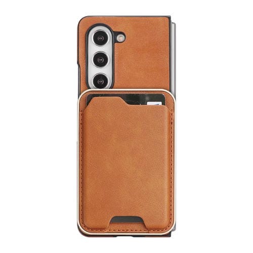 Funda de cuero con etiqueta lateral para Samsung Galaxy Z Fold5, Kalebol Slim MagSafe Ring, con tarjeta magnética y anillo (marrón)