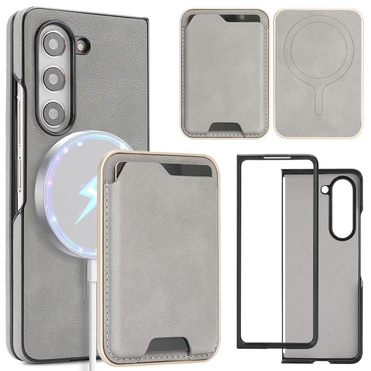 Funda de cuero con etiqueta lateral para Samsung Galaxy Z Fold5, Kalebol Slim MagSafe Ring, con tarjeta magnética y anillo (gris)