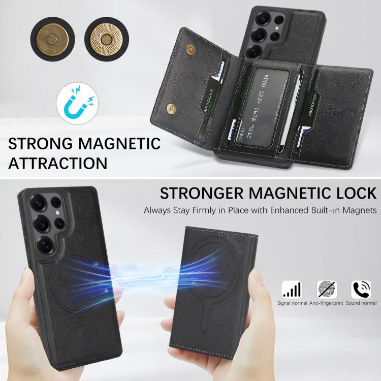 Funda de cuero con tres pliegues y adhesivo lateral para Samsung Galaxy S25 Ultra 5G (negro)