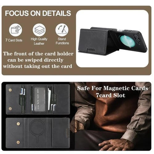 Funda de cuero con cierre magnético MagSafe para Samsung Galaxy Z Flip6, con tres pliegues, con adhesivo lateral (negro)
