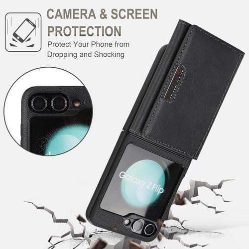Funda de cuero con cierre magnético MagSafe para Samsung Galaxy Z Flip6, con tres pliegues, con adhesivo lateral (negro)