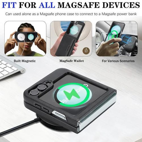 Funda de cuero con cierre magnético MagSafe para Samsung Galaxy Z Flip6, con tres pliegues, con adhesivo lateral (negro)