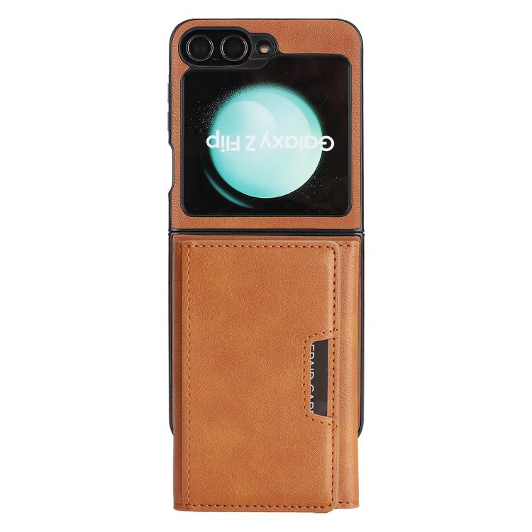 Funda de cuero con tres pliegues y adhesivo lateral para Samsung Galaxy Z Flip6 (marrón)