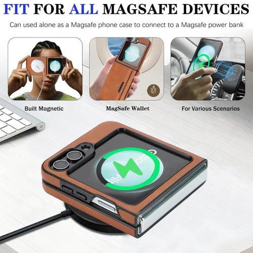 Funda de cuero con tres pliegues y adhesivo lateral para Samsung Galaxy Z Flip6 (marrón)