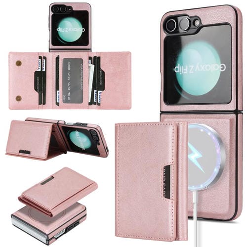 Funda de cuero con tres pliegues y adhesivo lateral para Samsung Galaxy Z Flip6 (rosa y dorado)