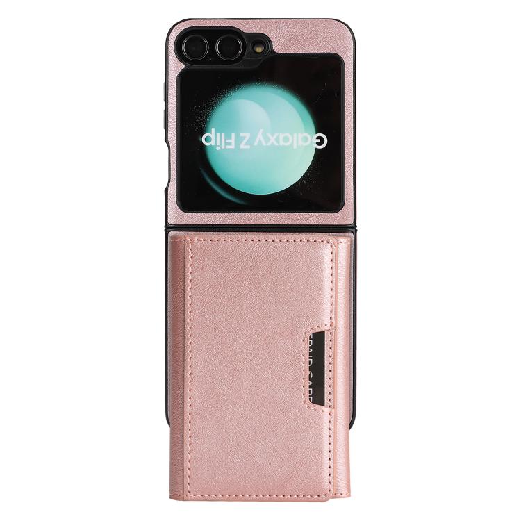 Funda de cuero con tres pliegues y adhesivo lateral para Samsung Galaxy Z Flip6 (rosa y dorado)