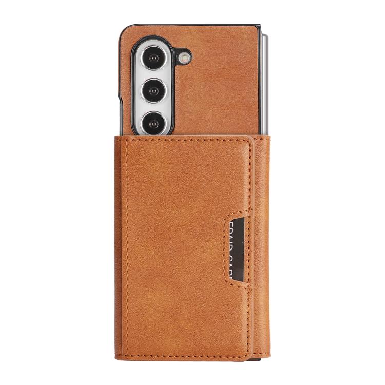 Funda de cuero con adhesivo lateral para Samsung Galaxy Z Fold6, con cierre magnético MagSafe, triple pliegue, Kalebol (marrón)
